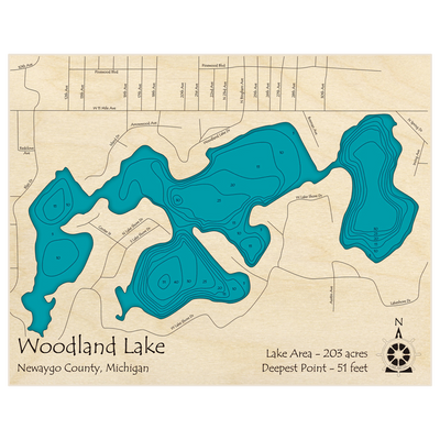 Bathymetric topo map of Woodland Lake with roads, towns and depths noted in blue water