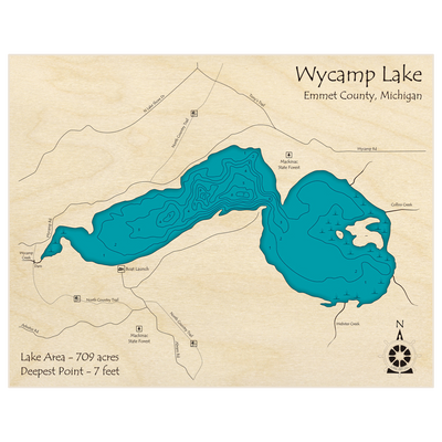 Bathymetric topo map of Wycamp Lake with roads, towns and depths noted in blue water