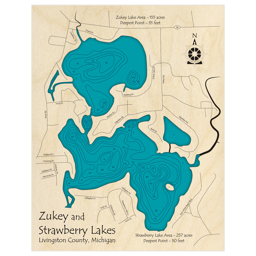Bathymetric topo map of Zukey Lake (With Strawberry Lake) with roads, towns and depths noted in blue water