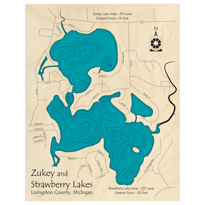 Bathymetric topo map of Zukey Lake (With Strawberry Lake) with roads, towns and depths noted in blue water