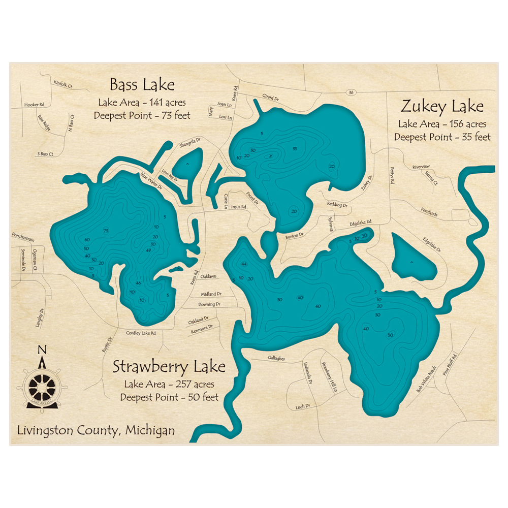 Bathymetric topo map of Zukey Lake (With Strawberry and Bass) with roads, towns and depths noted in blue water