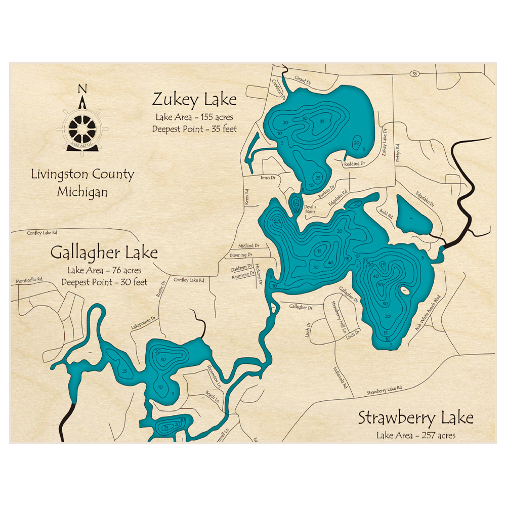 Bathymetric topo map of Zukey Lake (With Gallagher and Strawberry Lakes) with roads, towns and depths noted in blue water