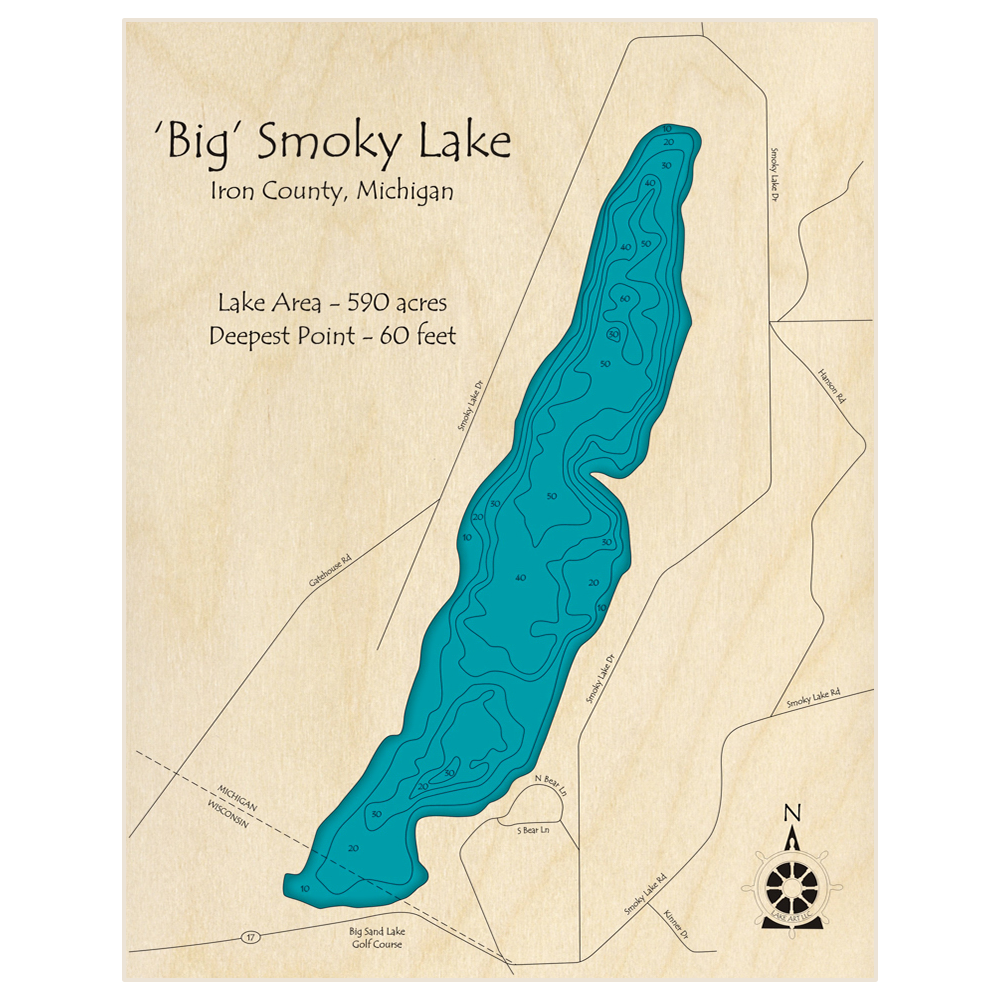 Bathymetric topo map of Big Smoky Lake with roads, towns and depths noted in blue water
