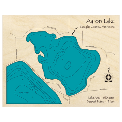 Bathymetric topo map of Aaron Lake with roads, towns and depths noted in blue water