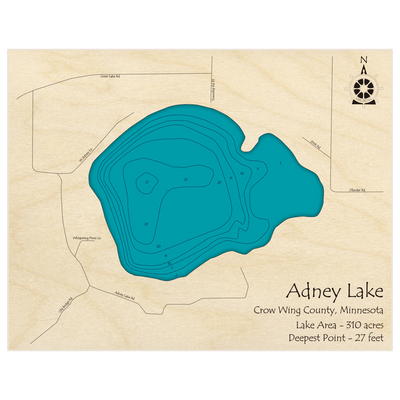 Bathymetric topo map of Adney Lake with roads, towns and depths noted in blue water