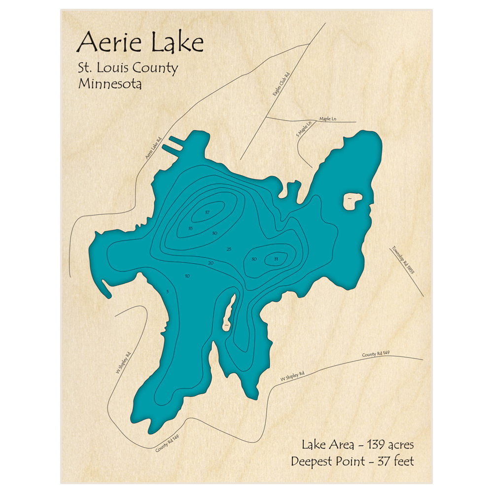 Bathymetric topo map of Aerie Lake with roads, towns and depths noted in blue water
