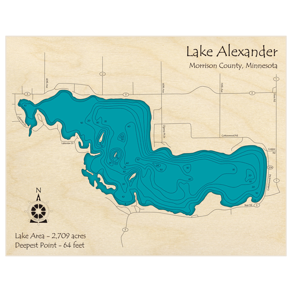 Bathymetric topo map of Alexander Lake with roads, towns and depths noted in blue water