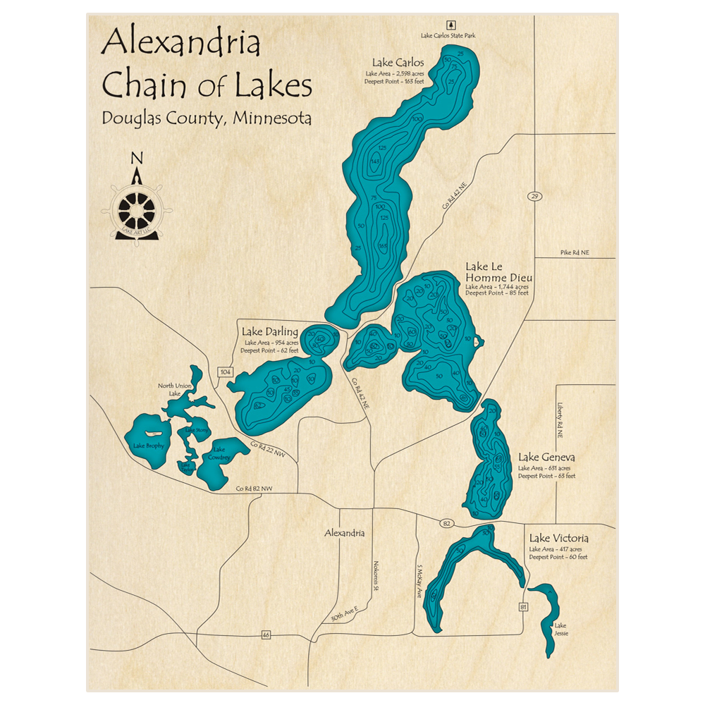 Bathymetric topo map of Alexandria Chain of Lakes with roads, towns and depths noted in blue water