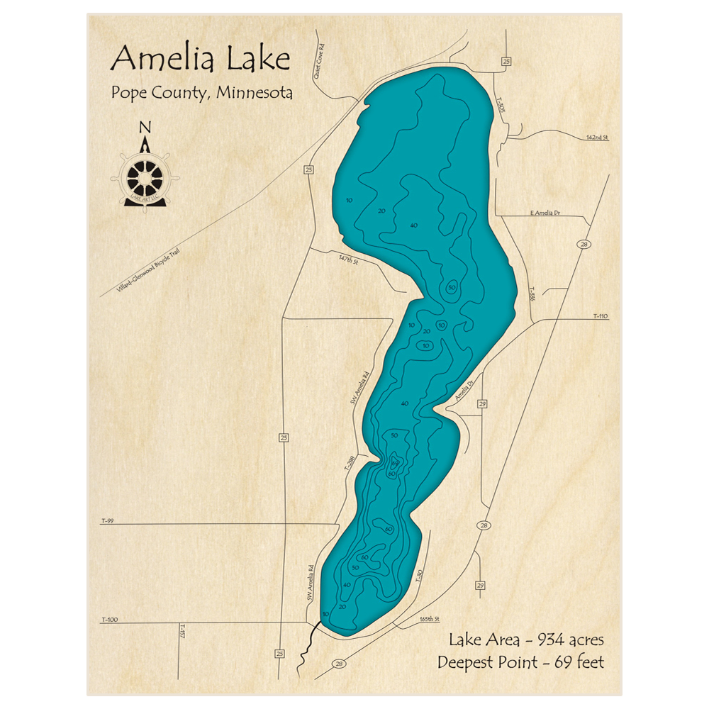 Bathymetric topo map of Amelia Lake with roads, towns and depths noted in blue water