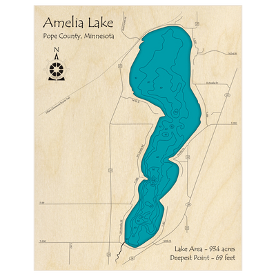 Bathymetric topo map of Amelia Lake with roads, towns and depths noted in blue water