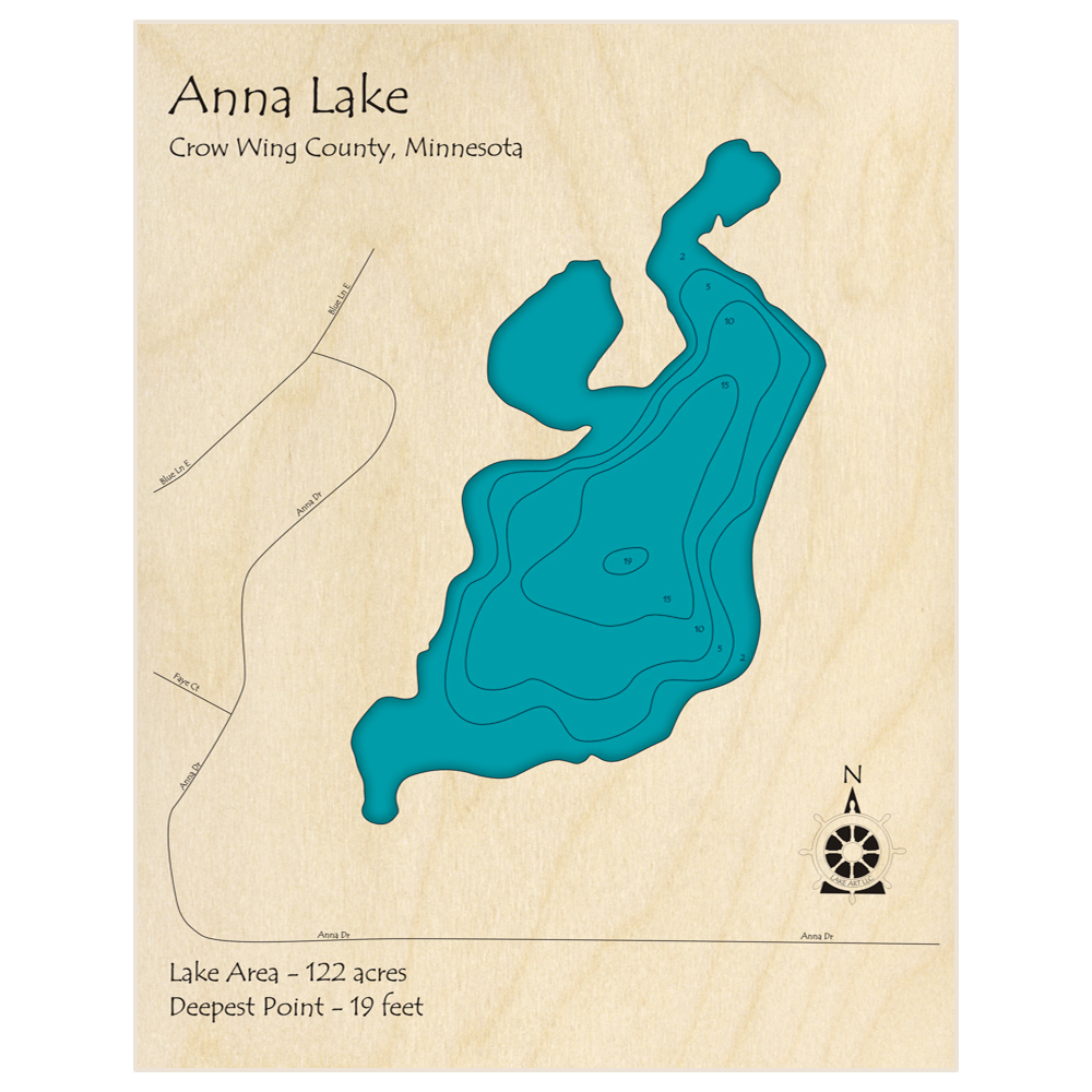 Bathymetric topo map of Anna Lake with roads, towns and depths noted in blue water