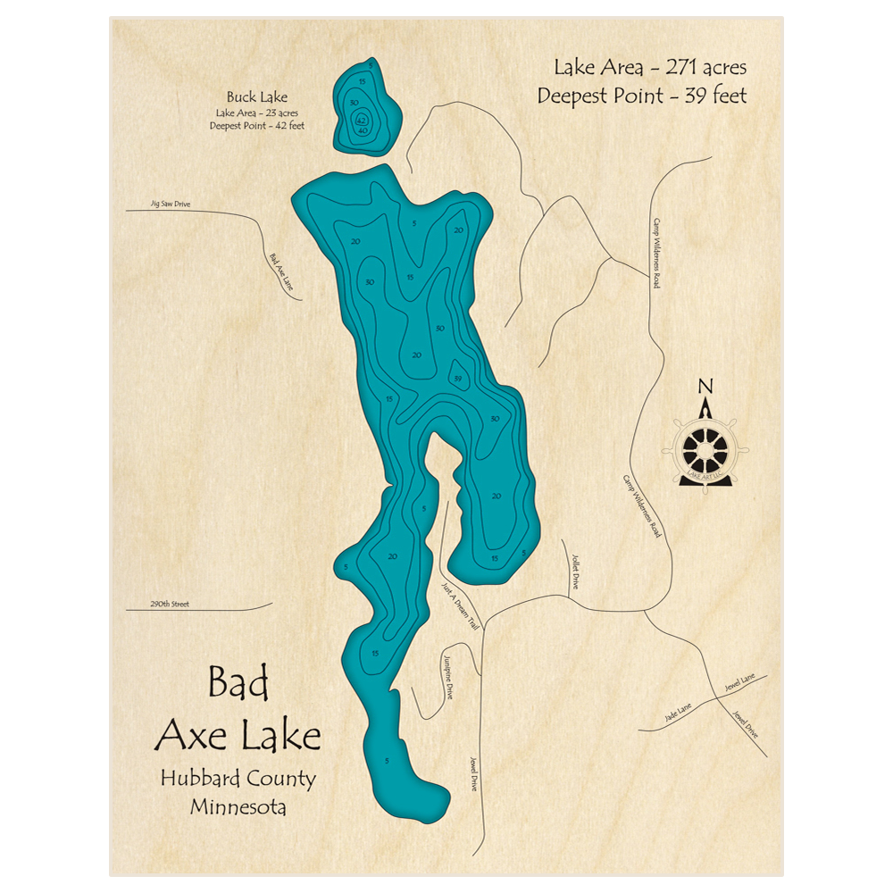 Bathymetric topo map of Bad Axe Lake (With Buck Lake) with roads, towns and depths noted in blue water