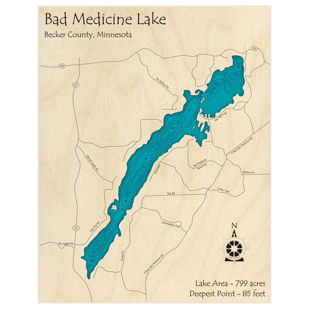 Bathymetric topo map of Bad Medicine Lake with roads, towns and depths noted in blue water