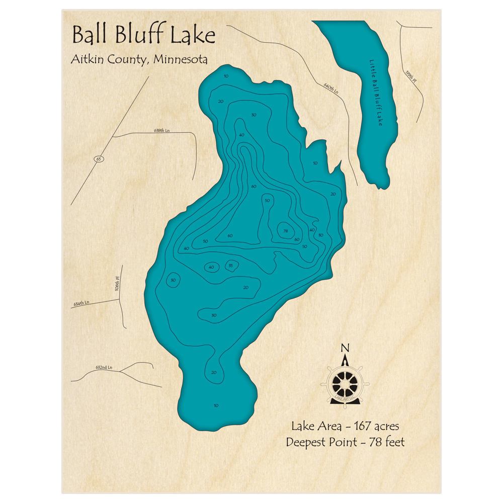 Bathymetric topo map of Ball Bluff Lake with roads, towns and depths noted in blue water