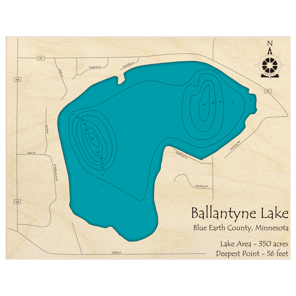 Bathymetric topo map of Ballantyne Lake with roads, towns and depths noted in blue water