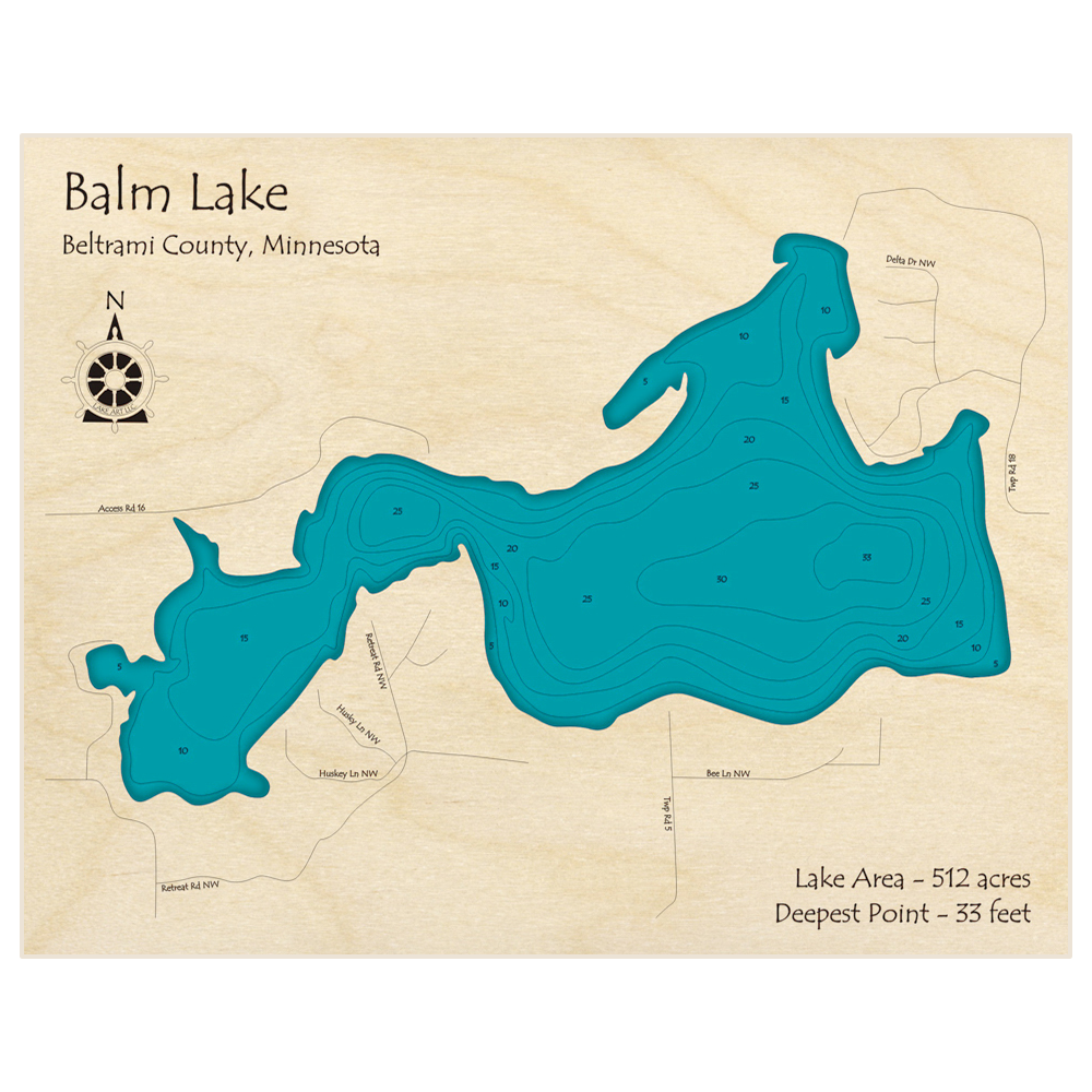 Bathymetric topo map of Balm Lake with roads, towns and depths noted in blue water