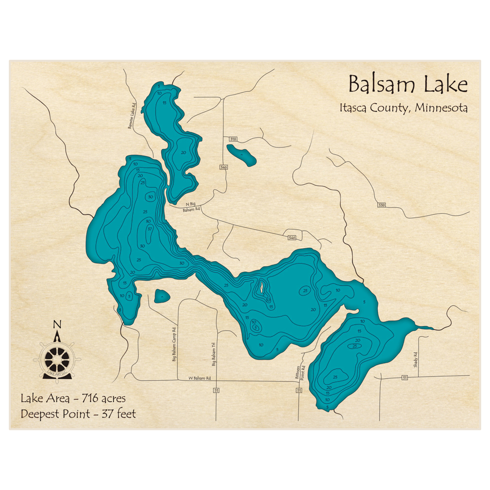 Bathymetric topo map of Balsam Lake with roads, towns and depths noted in blue water