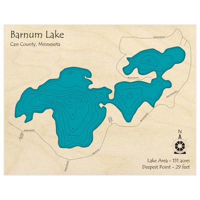 Bathymetric topo map of Barnum Lake with roads, towns and depths noted in blue water