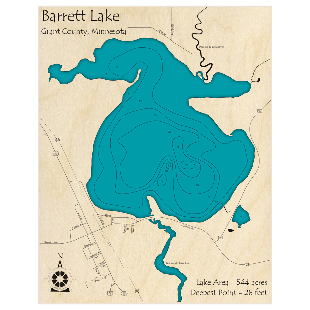 Bathymetric topo map of Barrett Lake with roads, towns and depths noted in blue water