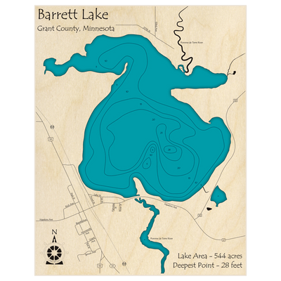 Bathymetric topo map of Barrett Lake with roads, towns and depths noted in blue water