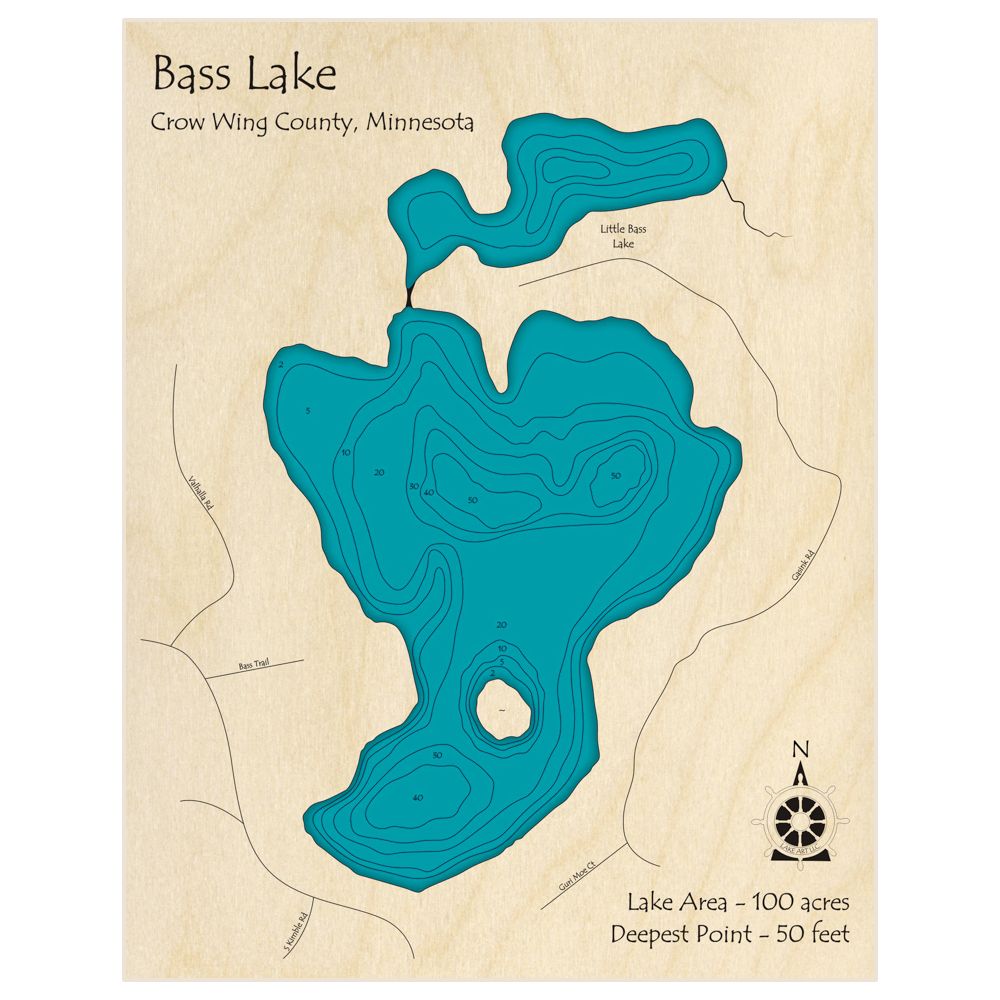 Bathymetric topo map of Bass Lake and Little Bass Lake (Ideal Township) with roads, towns and depths noted in blue water