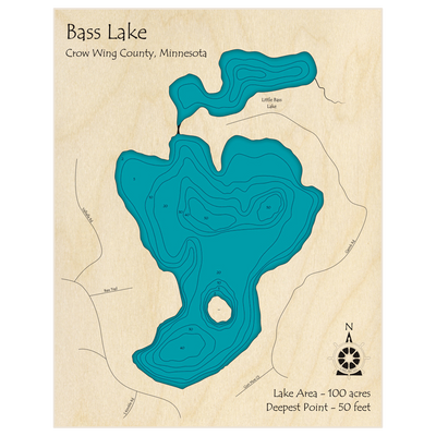 Bathymetric topo map of Bass Lake and Little Bass Lake (Ideal Township) with roads, towns and depths noted in blue water