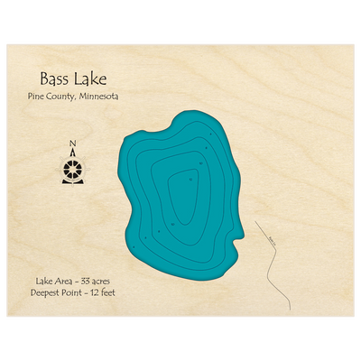 Bathymetric topo map of Bass Lake with roads, towns and depths noted in blue water