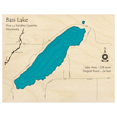 Bathymetric topo map of Bass Lake (Near County Road 143 and Little Pine Creek) with roads, towns and depths noted in blue water