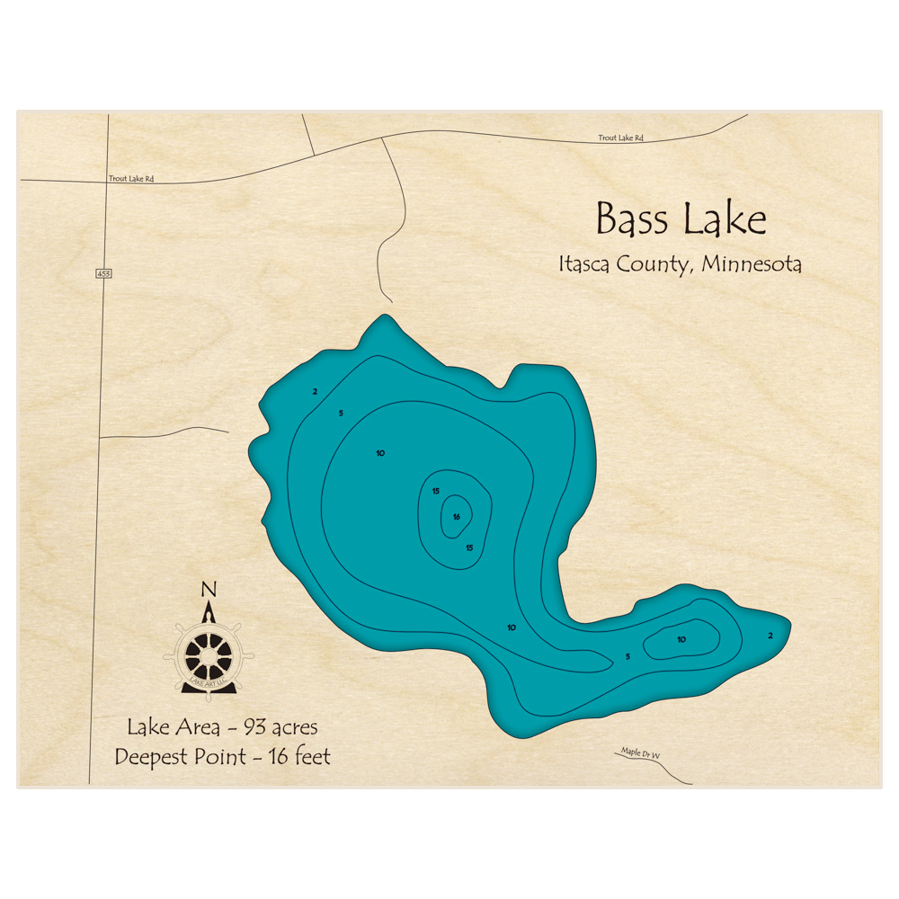 Bathymetric topo map of Bass Lake (near Bovey) with roads, towns and depths noted in blue water