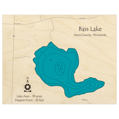 Bathymetric topo map of Bass Lake (near Bovey) with roads, towns and depths noted in blue water
