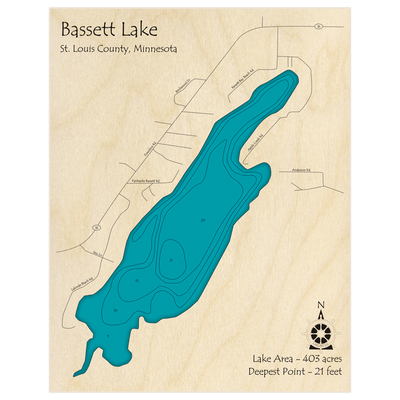 Bathymetric topo map of Basset Lake with roads, towns and depths noted in blue water