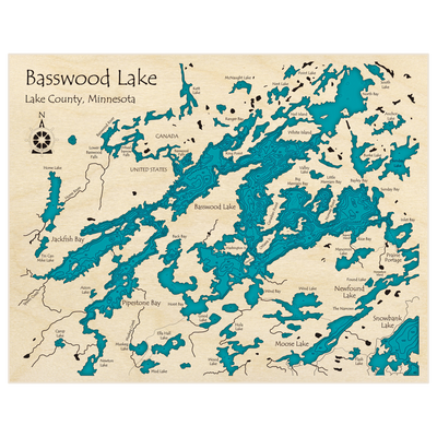 Bathymetric topo map of Basswood Lake with roads, towns and depths noted in blue water