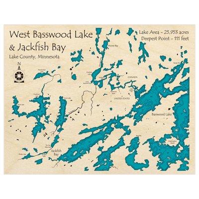 Bathymetric topo map of West Basswood Lake and Jackfish Bay with roads, towns and depths noted in blue water