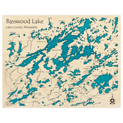 Bathymetric topo map of Basswood and Moose Lakes with roads, towns and depths noted in blue water