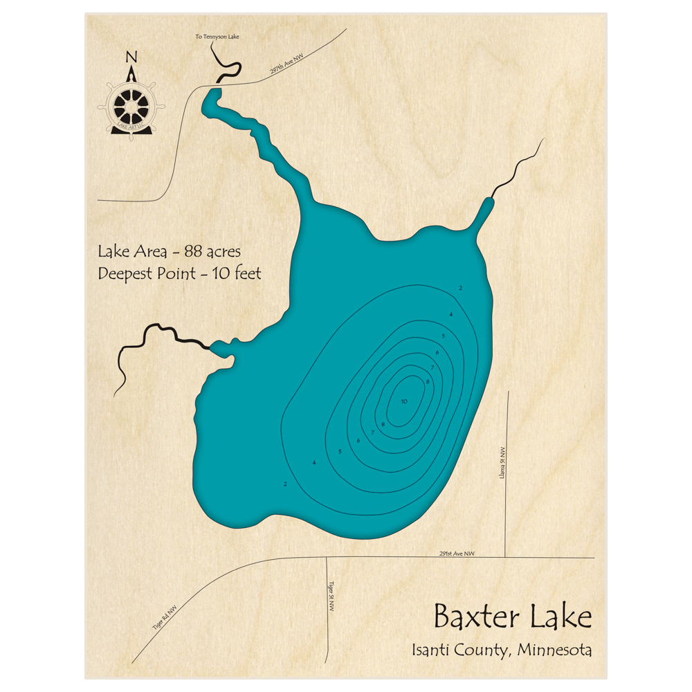 Bathymetric topo map of Baxter Lake with roads, towns and depths noted in blue water