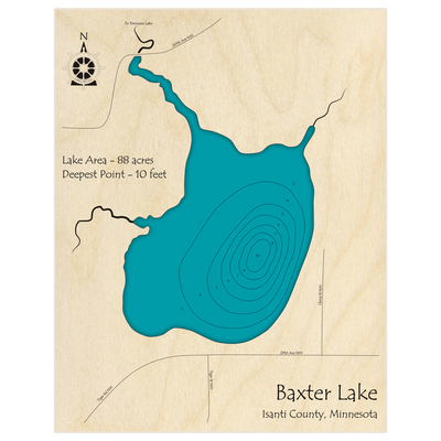 Bathymetric topo map of Baxter Lake with roads, towns and depths noted in blue water