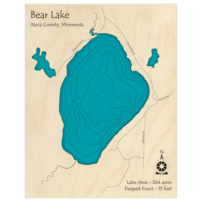 Bathymetric topo map of Bear Lake with roads, towns and depths noted in blue water