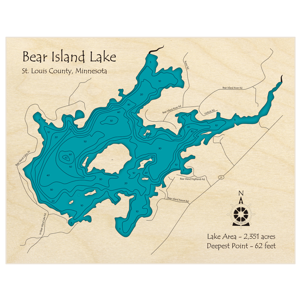 Bathymetric topo map of Bear Island Lake with roads, towns and depths noted in blue water