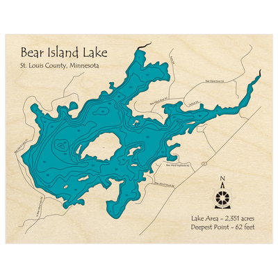 Bathymetric topo map of Bear Island Lake with roads, towns and depths noted in blue water