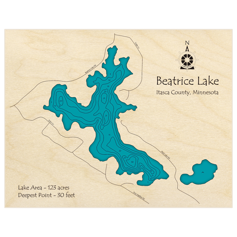 Bathymetric topo map of Beatrice Lake with roads, towns and depths noted in blue water