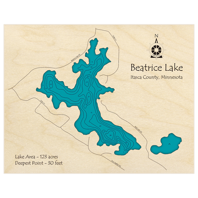 Bathymetric topo map of Beatrice Lake with roads, towns and depths noted in blue water