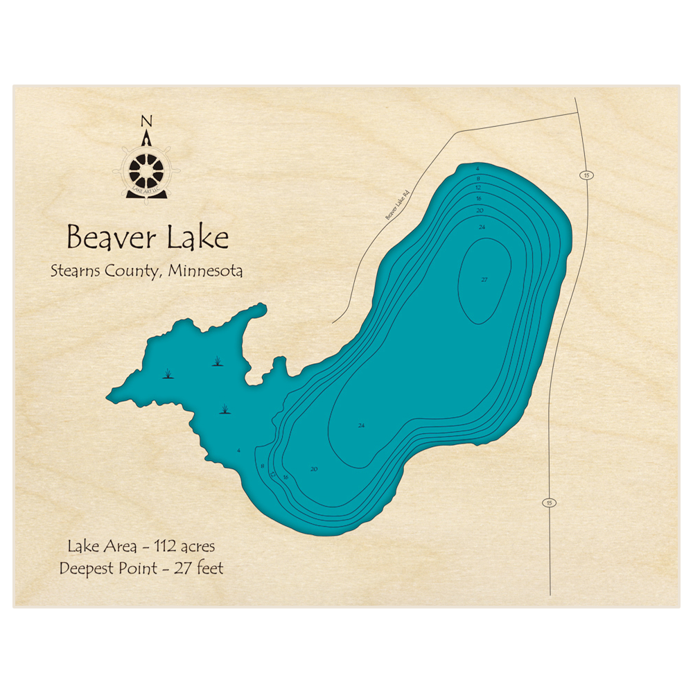 Bathymetric topo map of Beaver Lake with roads, towns and depths noted in blue water