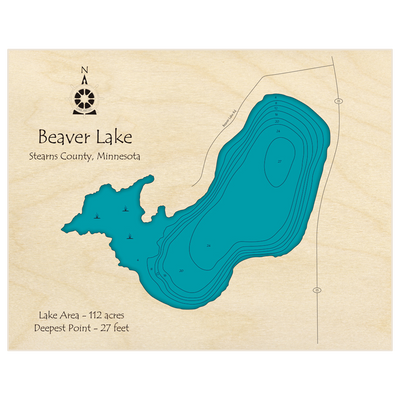 Bathymetric topo map of Beaver Lake with roads, towns and depths noted in blue water
