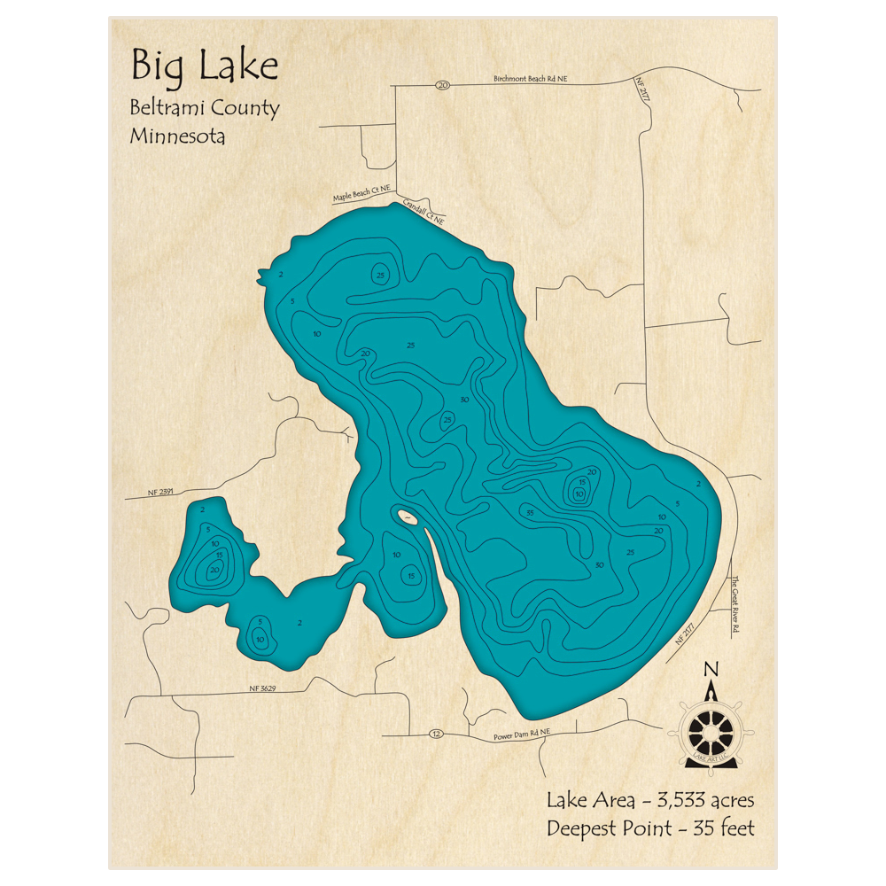 Bathymetric topo map of Big Lake with roads, towns and depths noted in blue water