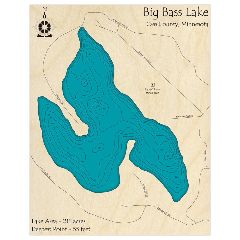 Bathymetric topo map of Big Bass Lake with roads, towns and depths noted in blue water