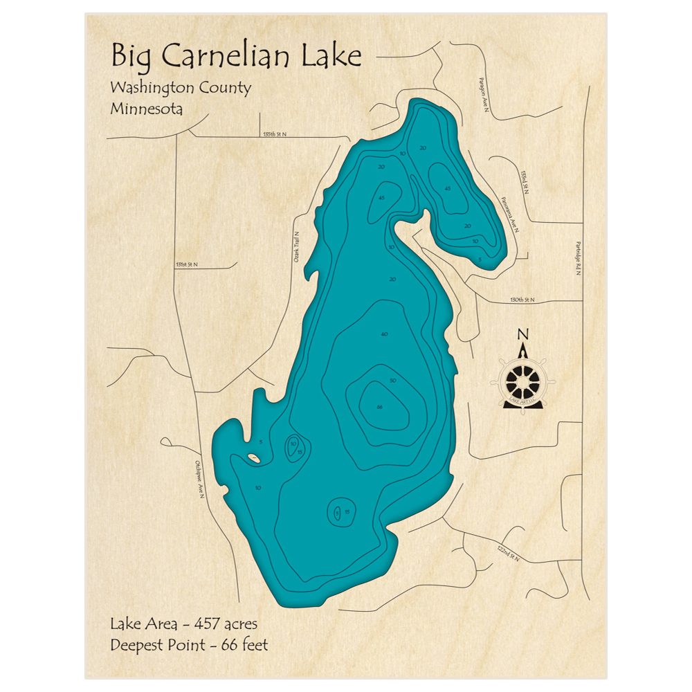 Bathymetric topo map of Big Carnelian Lake with roads, towns and depths noted in blue water