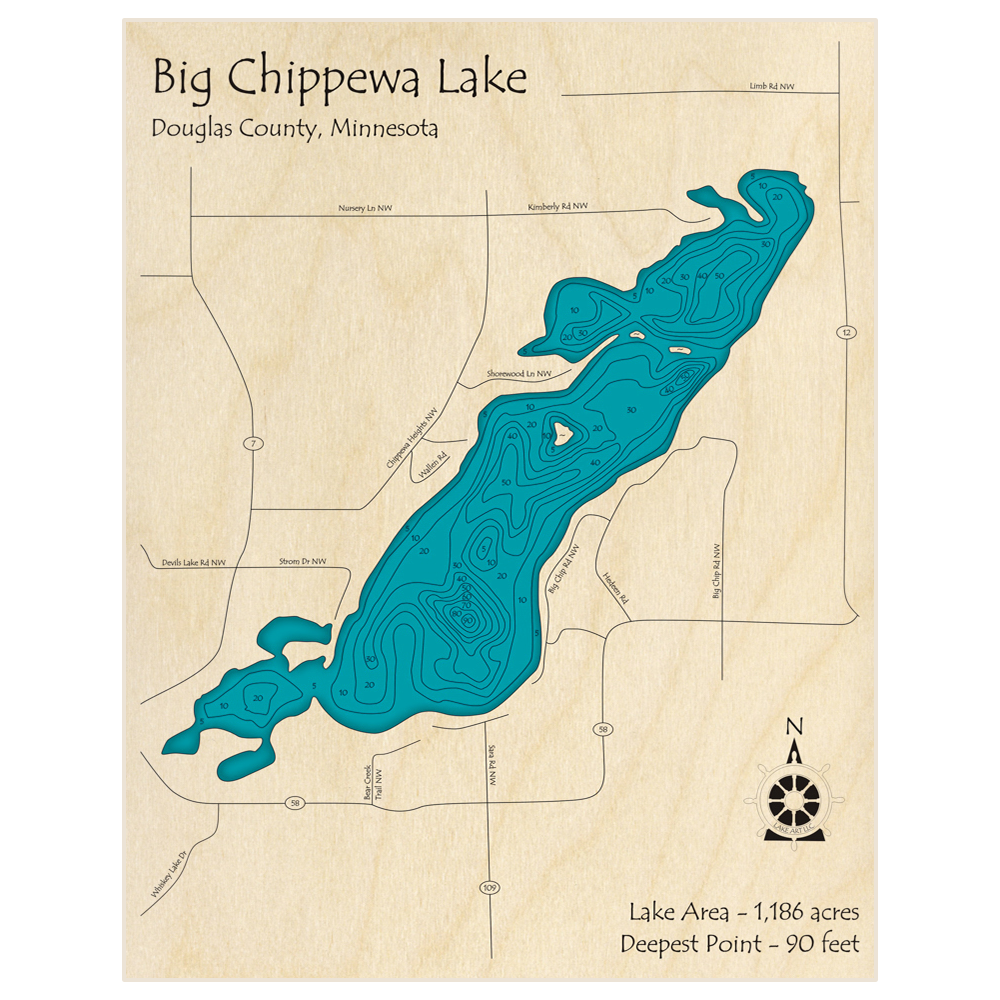 Bathymetric topo map of Big Chippewa Lake (Portrait) with roads, towns and depths noted in blue water