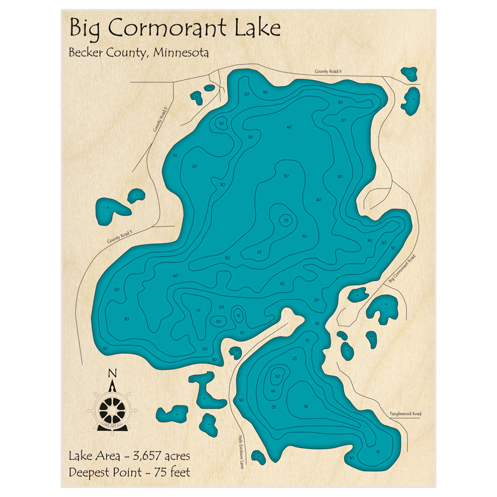 Bathymetric topo map of Big Cormorant Lake with roads, towns and depths noted in blue water