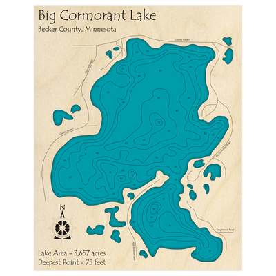 Bathymetric topo map of Big Cormorant Lake with roads, towns and depths noted in blue water