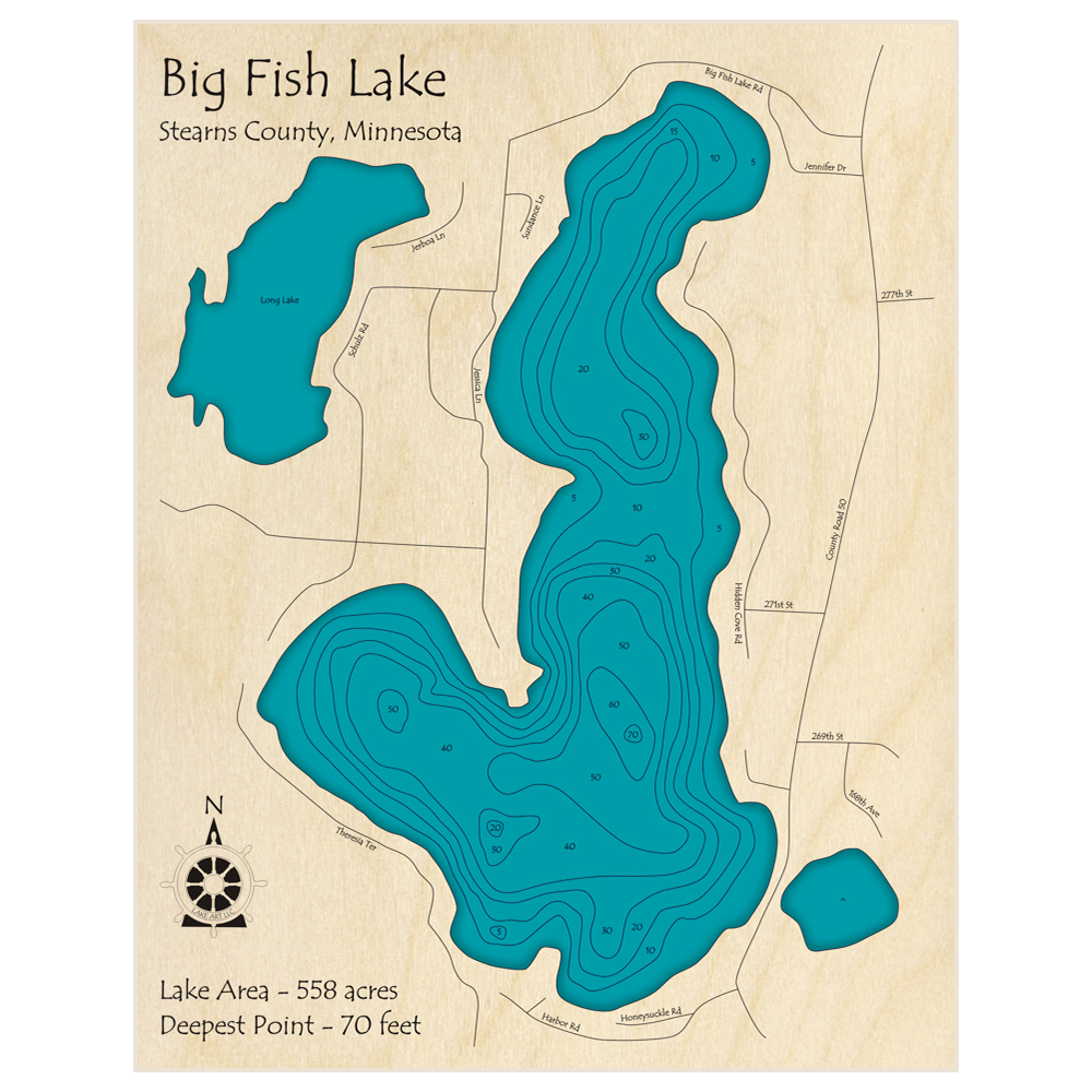 Bathymetric topo map of Big Fish Lake with roads, towns and depths noted in blue water